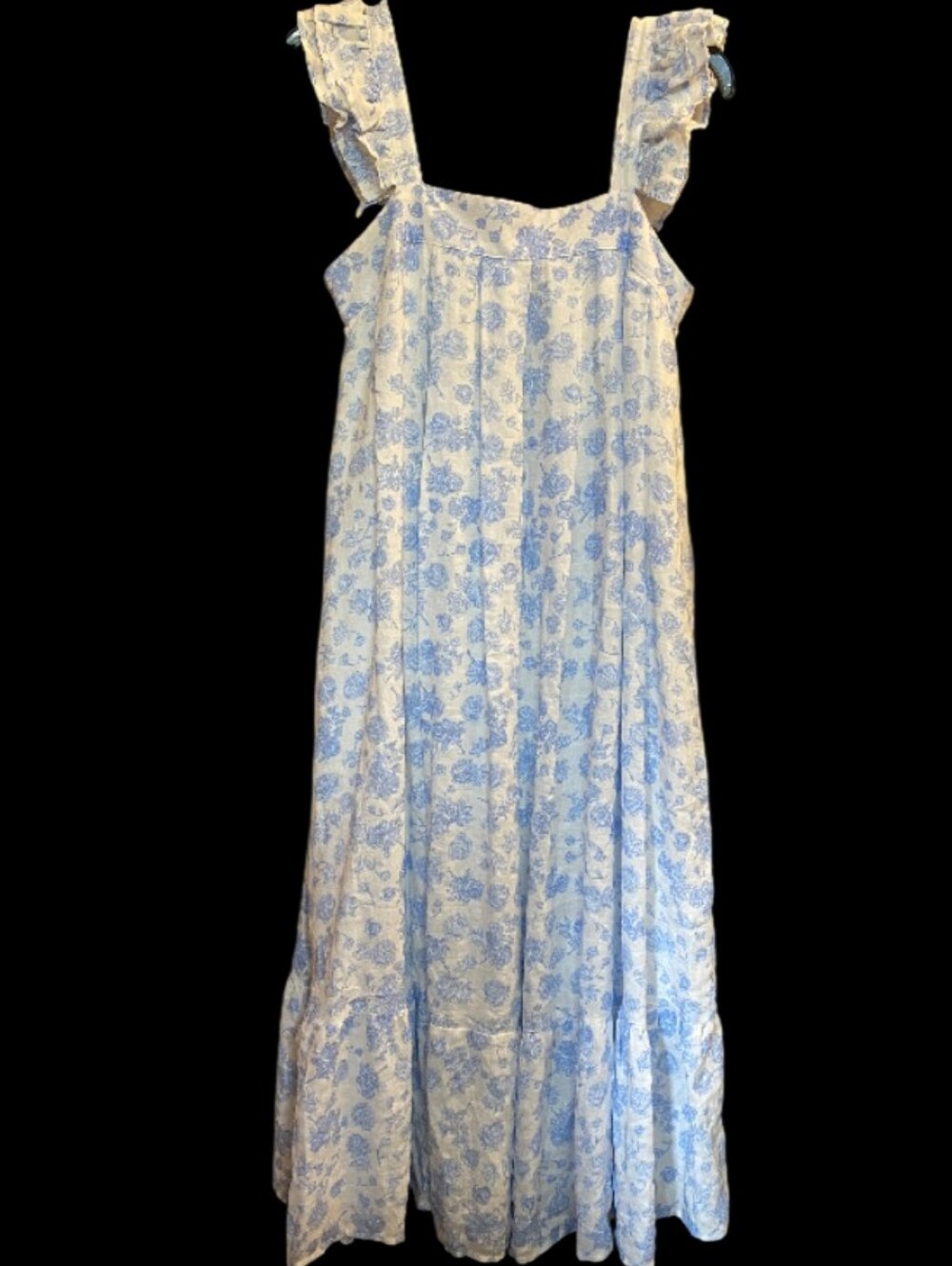 MABLE Sz S Romantic White Maxi Dress W Light Blue Floral Print W Ruffled Sleeves